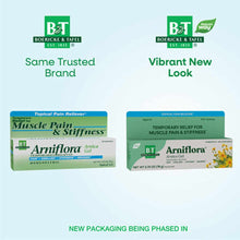 Two Arniflora Arnica Gel tubes side by side showing old green packaging on left and new green packaging on right.