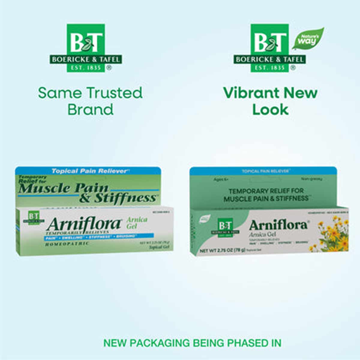Two Arniflora Arnica Gel tubes side by side showing old green packaging on left and new green packaging on right.