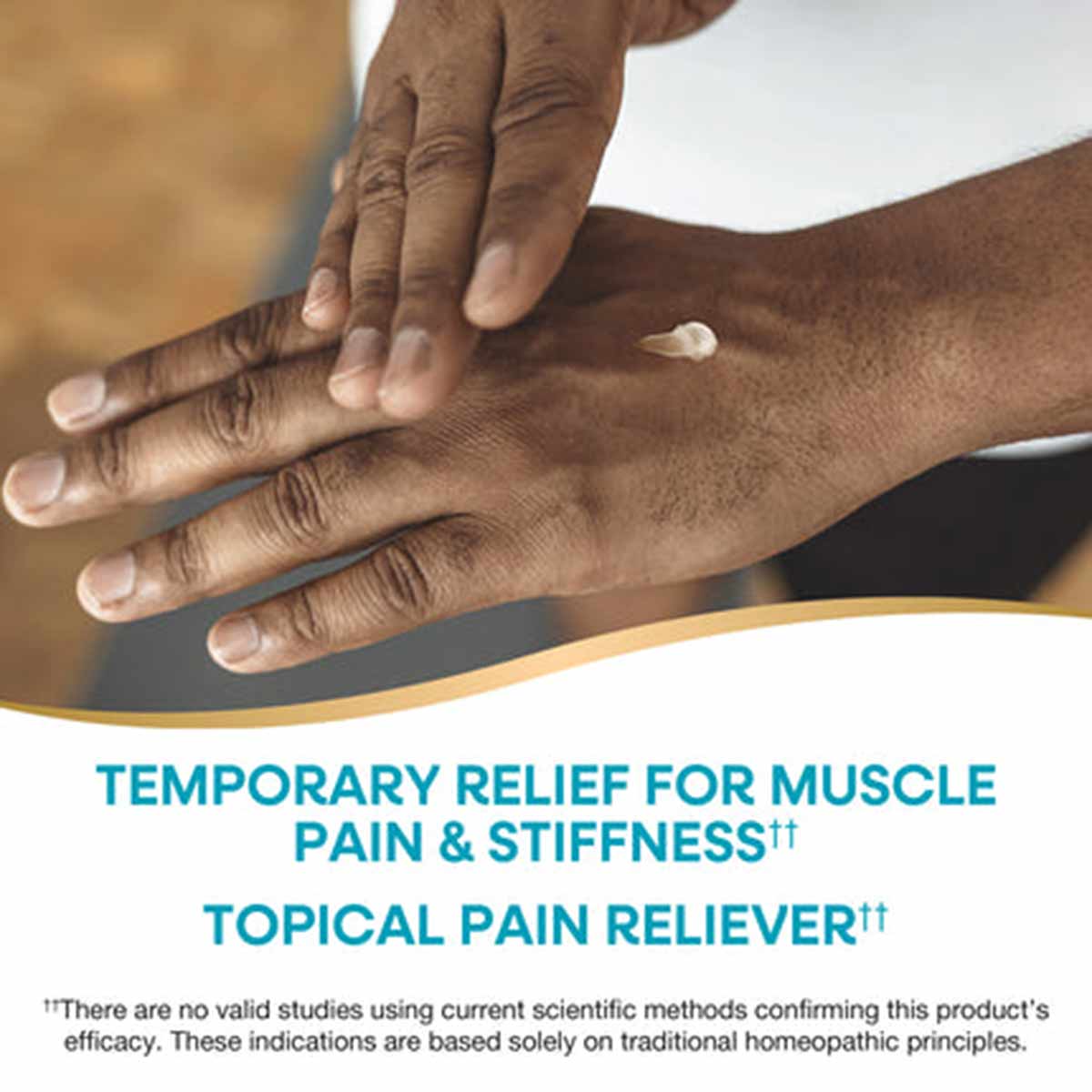Person applying white arnica gel to their hand and arm.