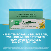 White tube of Arniflora Arnica Gel with green label and yellow flower illustration on light blue background.