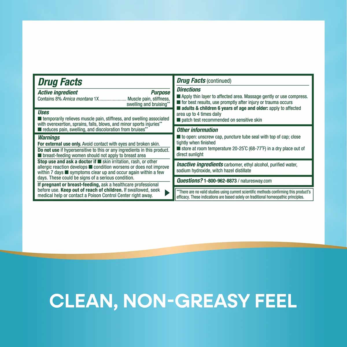 Arniflora Arnica Gel product label showing drug facts, active ingredients, uses, warnings, and directions on white background