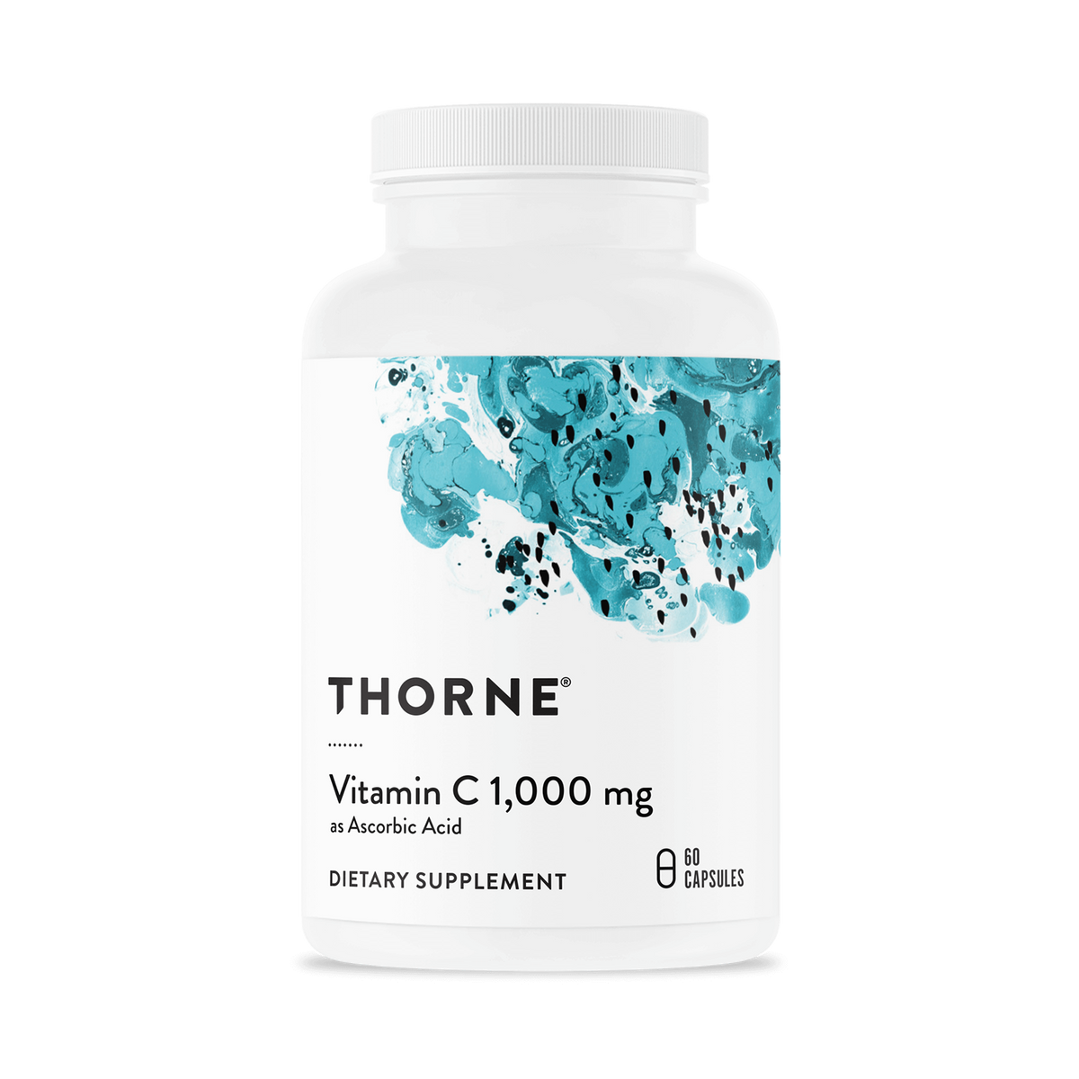White bottle of Thorne Vitamin C 1,000 mg with turquoise abstract design label and white screw cap.
