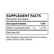 Supplement Facts label showing Vitamin C 1,000 mg as Ascorbic Acid per capsule with ingredients list.