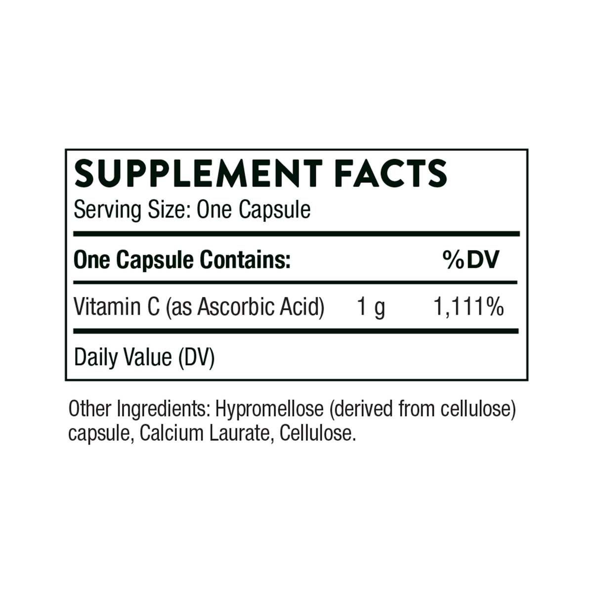 Supplement Facts label showing Vitamin C 1,000 mg as Ascorbic Acid per capsule with ingredients list.