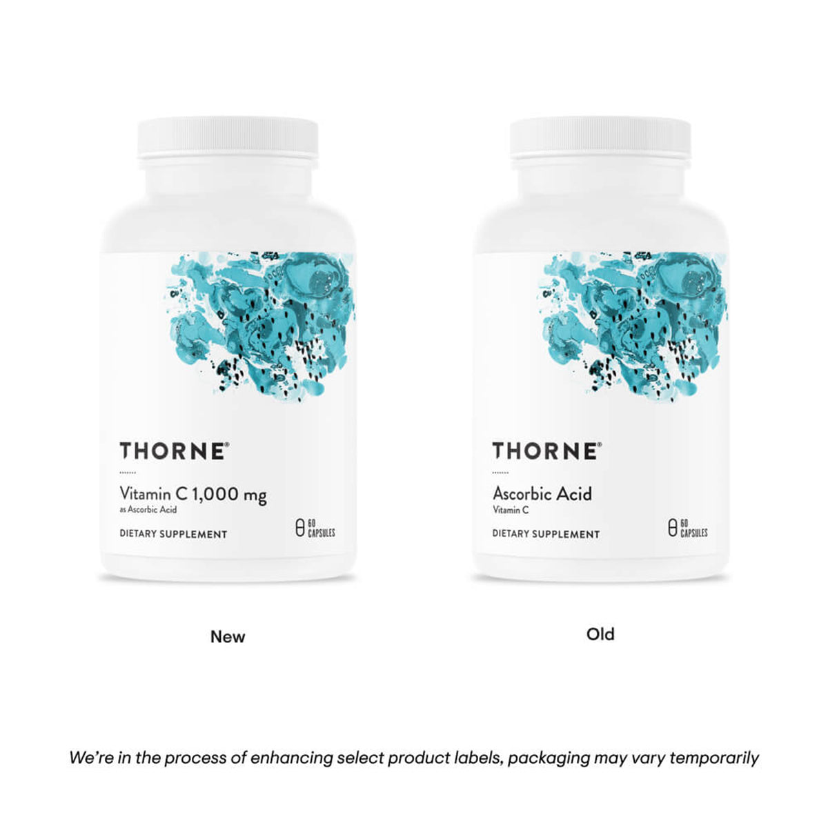 Two white Thorne vitamin supplement bottles with turquoise graphics, labeled Vitamin C 1,000 mg ascorbic acid, showing new an