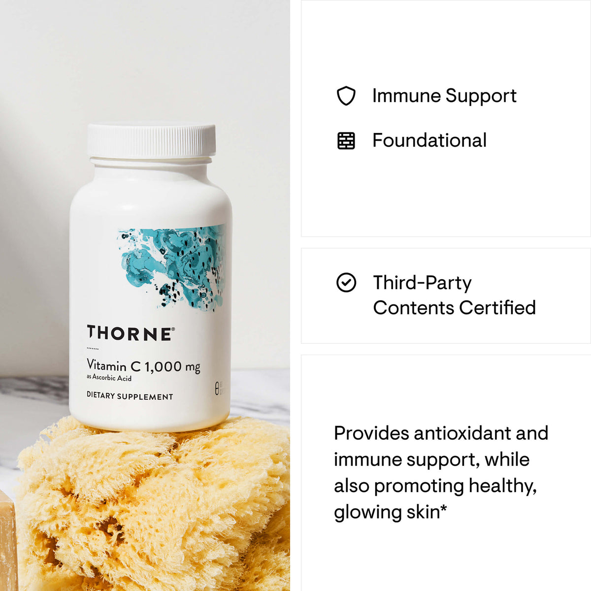 White Thorne Research vitamin C bottle labeled 1,000 mg ascorbic acid next to yellow natural sponge.