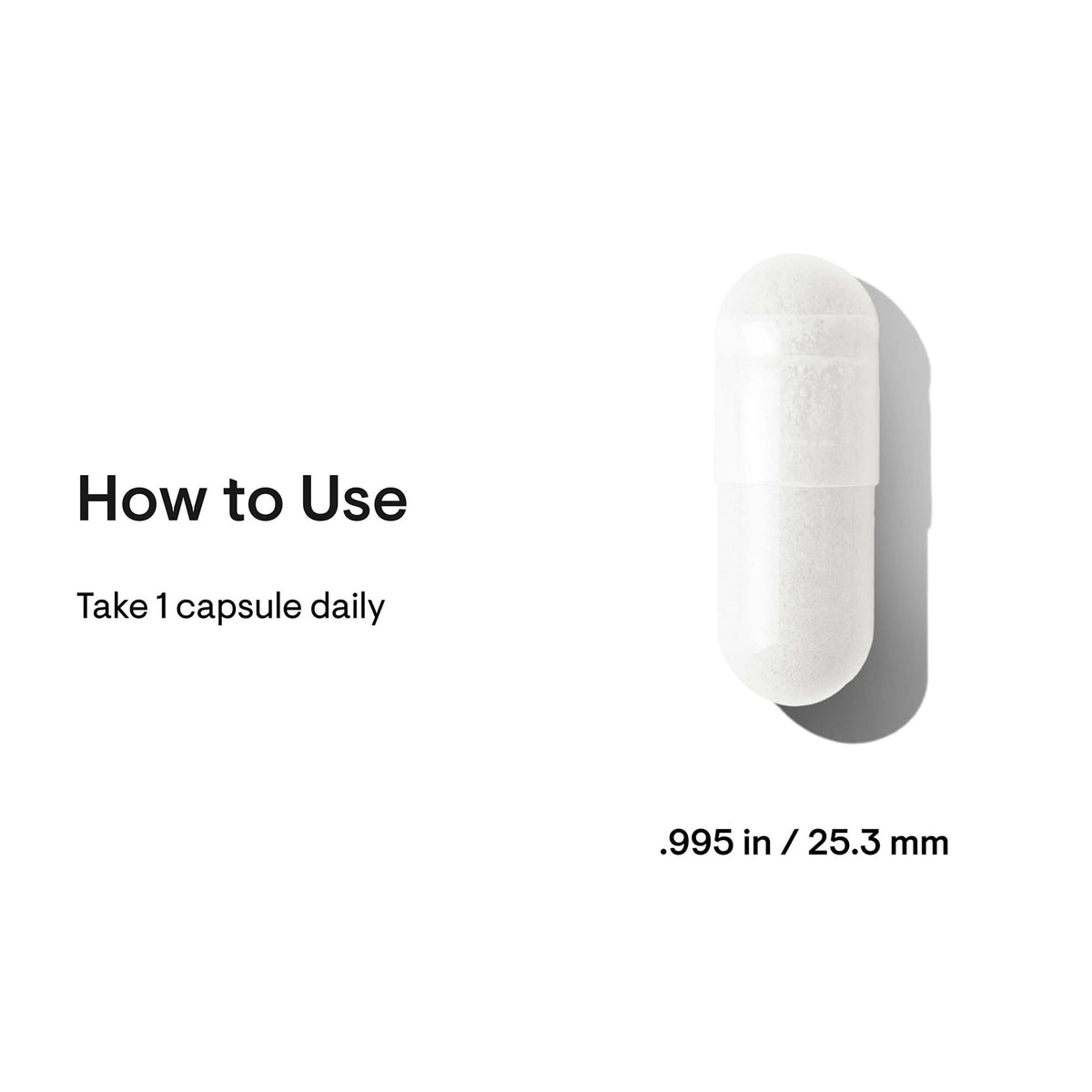 White oval capsule displayed against a white background with dimensions and usage instructions.