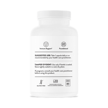 White vitamin supplement bottle with white cap displaying usage instructions, immune support and foundational icons, gluten-f