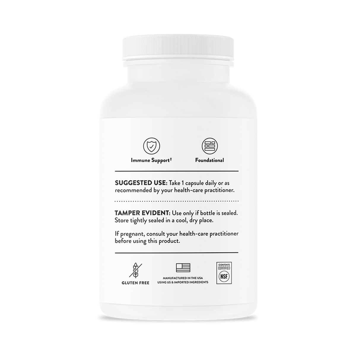 White vitamin supplement bottle with white cap displaying usage instructions, immune support and foundational icons, gluten-f