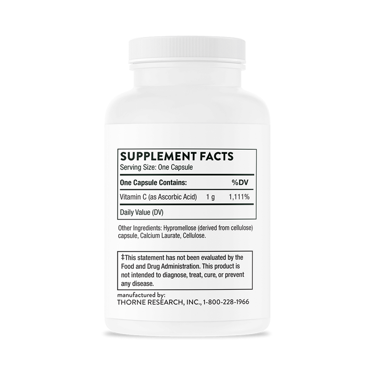 White plastic supplement bottle with white cap containing Vitamin C capsules and label showing supplement facts.