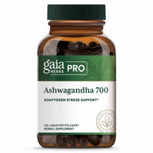 Gaia Herbs Pro Ashwagandha 700 bottle with green cap containing dark capsules, labeled as herbal supplement.