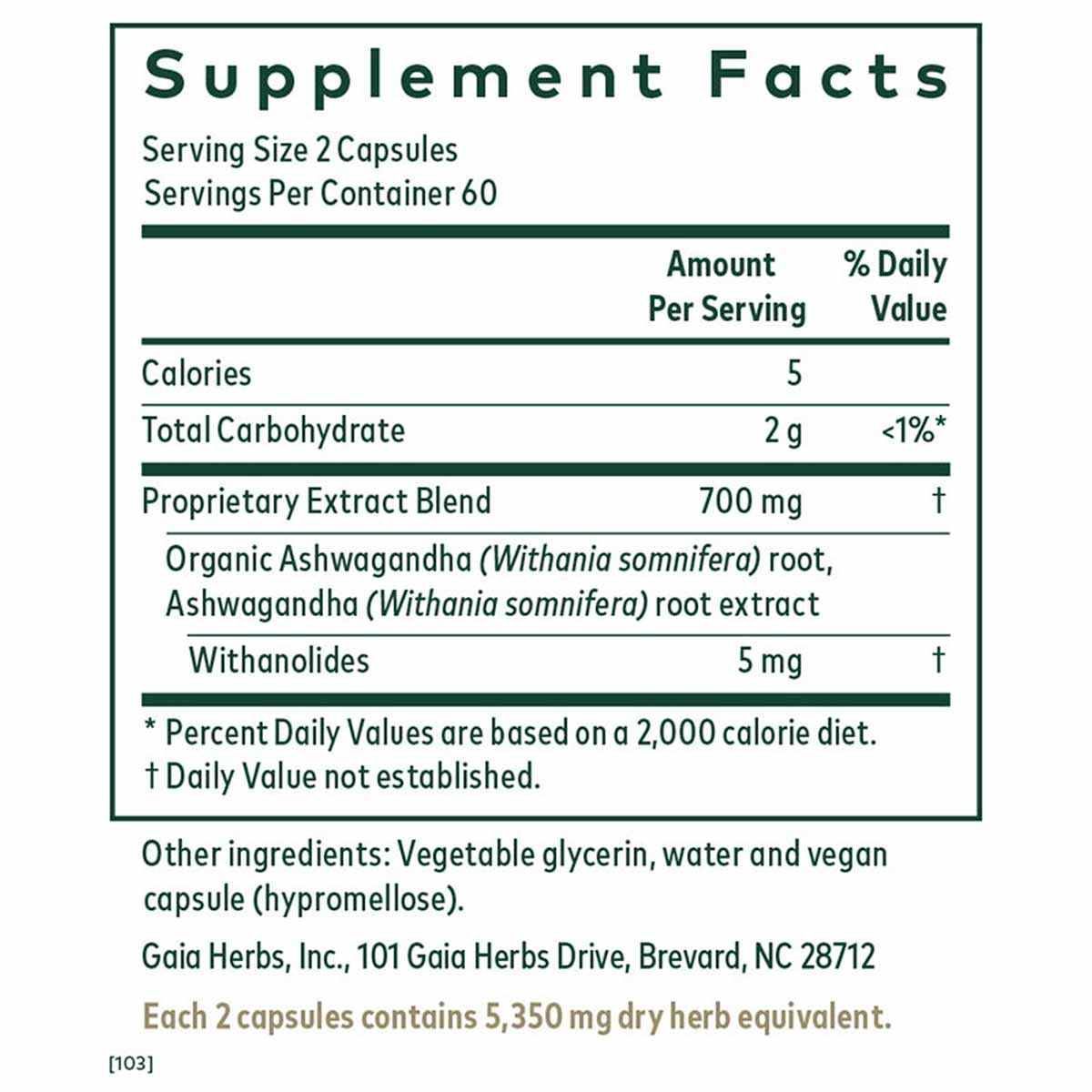 Supplement Facts label for Ashwagandha 700 by Gaia Herbs Pro showing serving size, ingredients, and nutritional information.