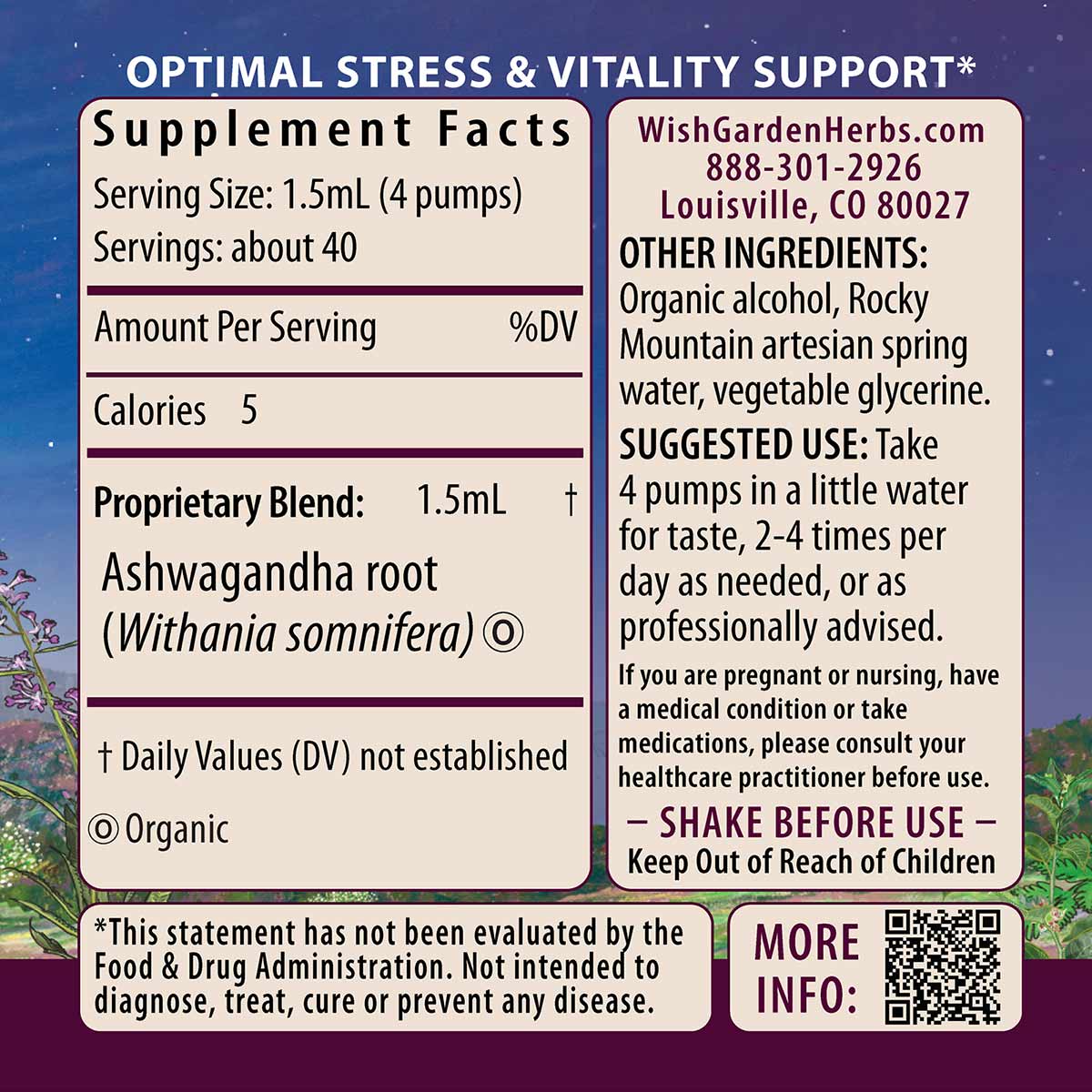 Wishgarden Herbs Ashwagandha supplement label showing supplement facts, ingredients, and usage instructions on purple starry 