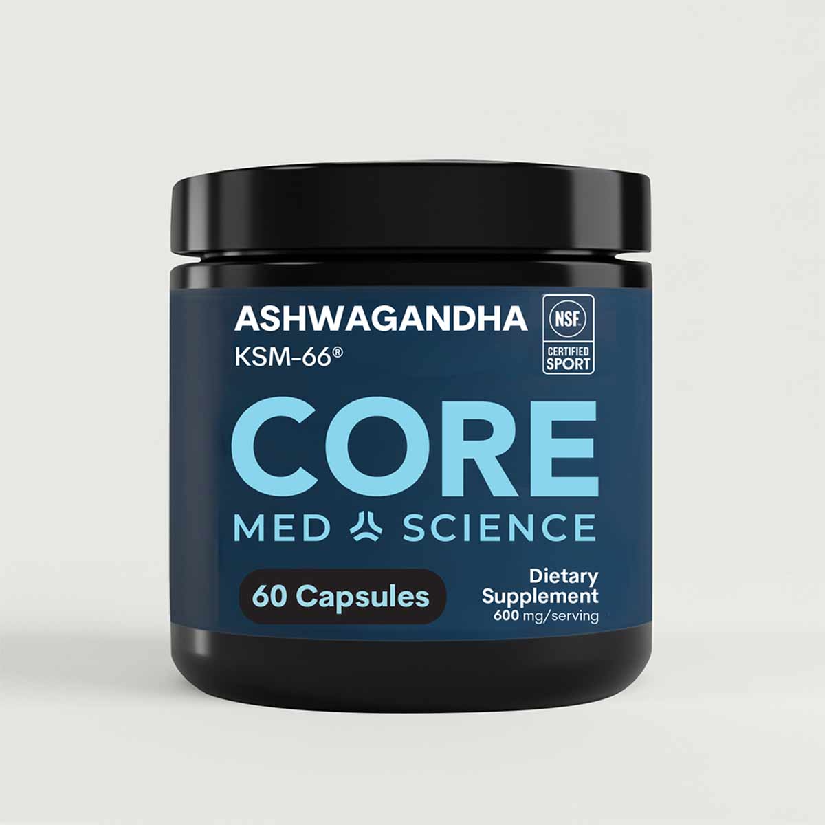 Blue and black jar of Core Med Science Ashwagandha capsules containing 60 capsules at 600mg per serving.