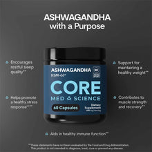 Black bottle of Core Med Science Ashwagandha KSM-66 dietary supplement containing 60 capsules with blue label.