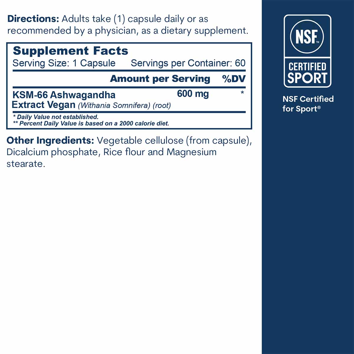 Supplement facts label showing ashwagandha capsule dosage, ingredients, and NSF Certified for Sport badge.