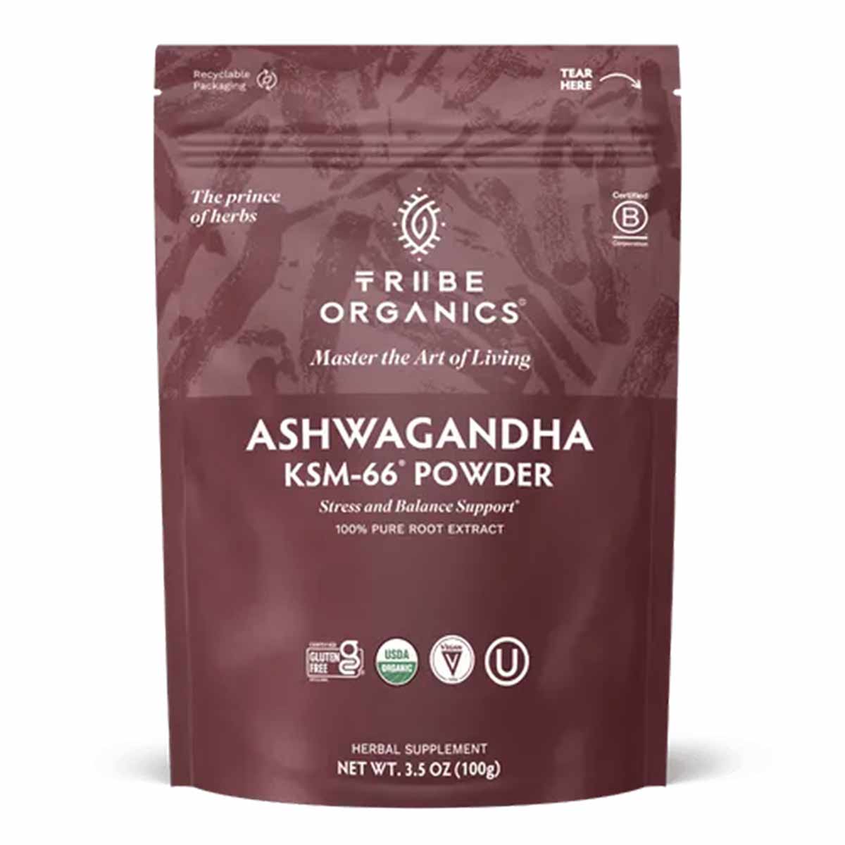 Burgundy pouch of Tribe Organics Ashwagandha KSM-66 Powder, 3.5 oz, with tear-open top and certification badges.