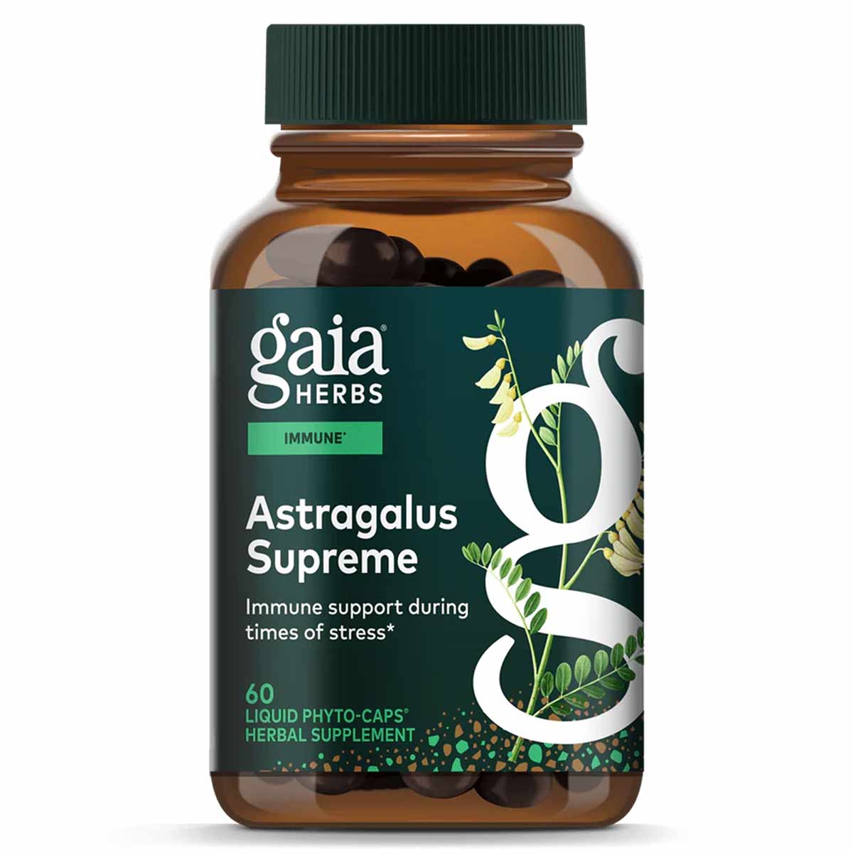 Gaia Herbs Astragalus Supreme bottle with green cap containing 60 dark capsules.