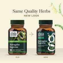 Two brown glass bottles of Gaia Herbs Astragalus Supreme side by side showing old and new label designs.