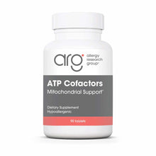 White plastic bottle with white cap labeled "ATP Cofactors Mitochondrial Support" by Allergy Research Group, containing 90 ta