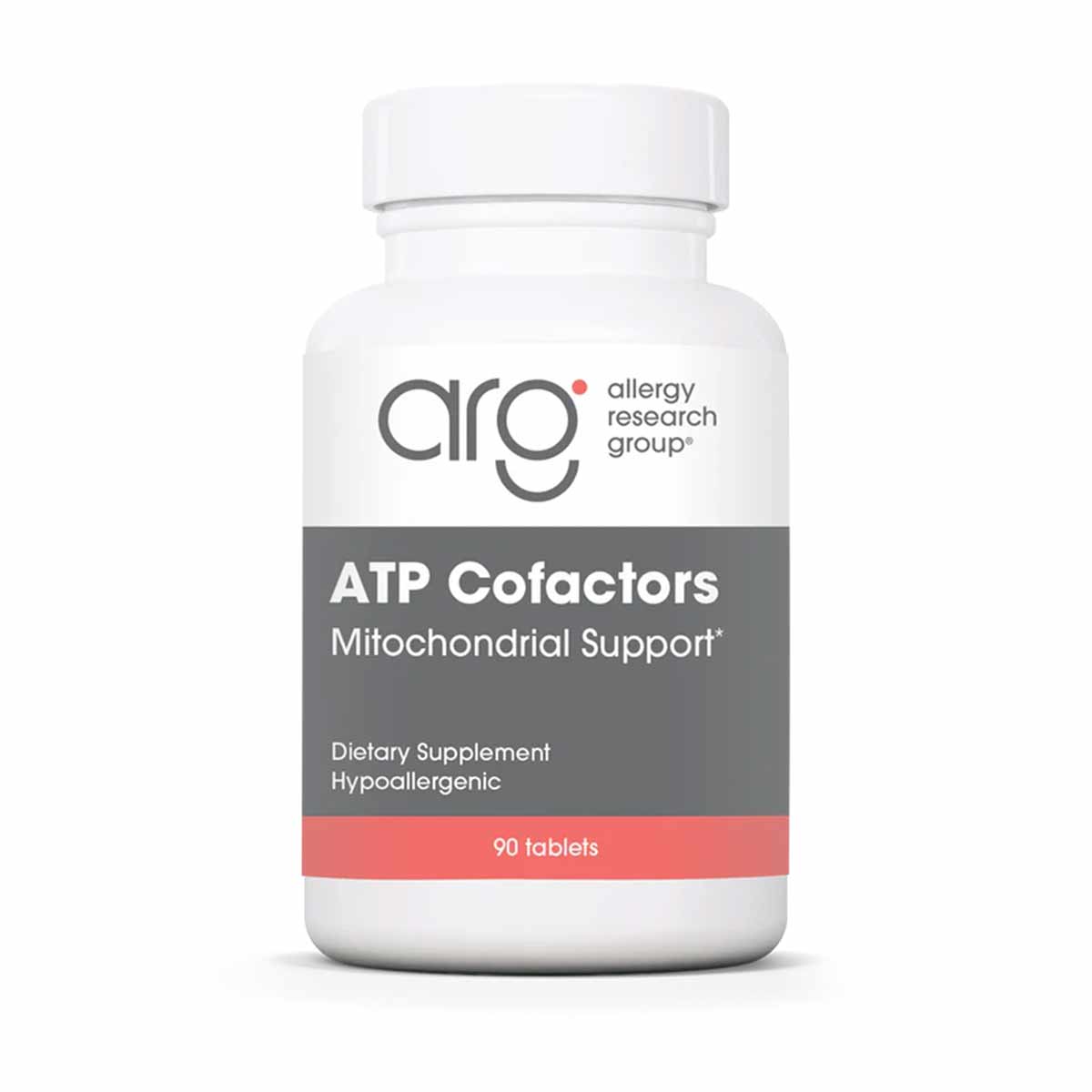 White plastic bottle with white cap labeled "ATP Cofactors Mitochondrial Support" by Allergy Research Group, containing 90 ta