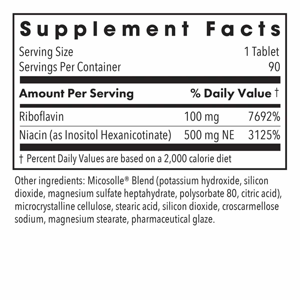 Supplement Facts label for ATP Cofactors showing serving size of 1 tablet, 90 servings per container, with Riboflavin and Nia