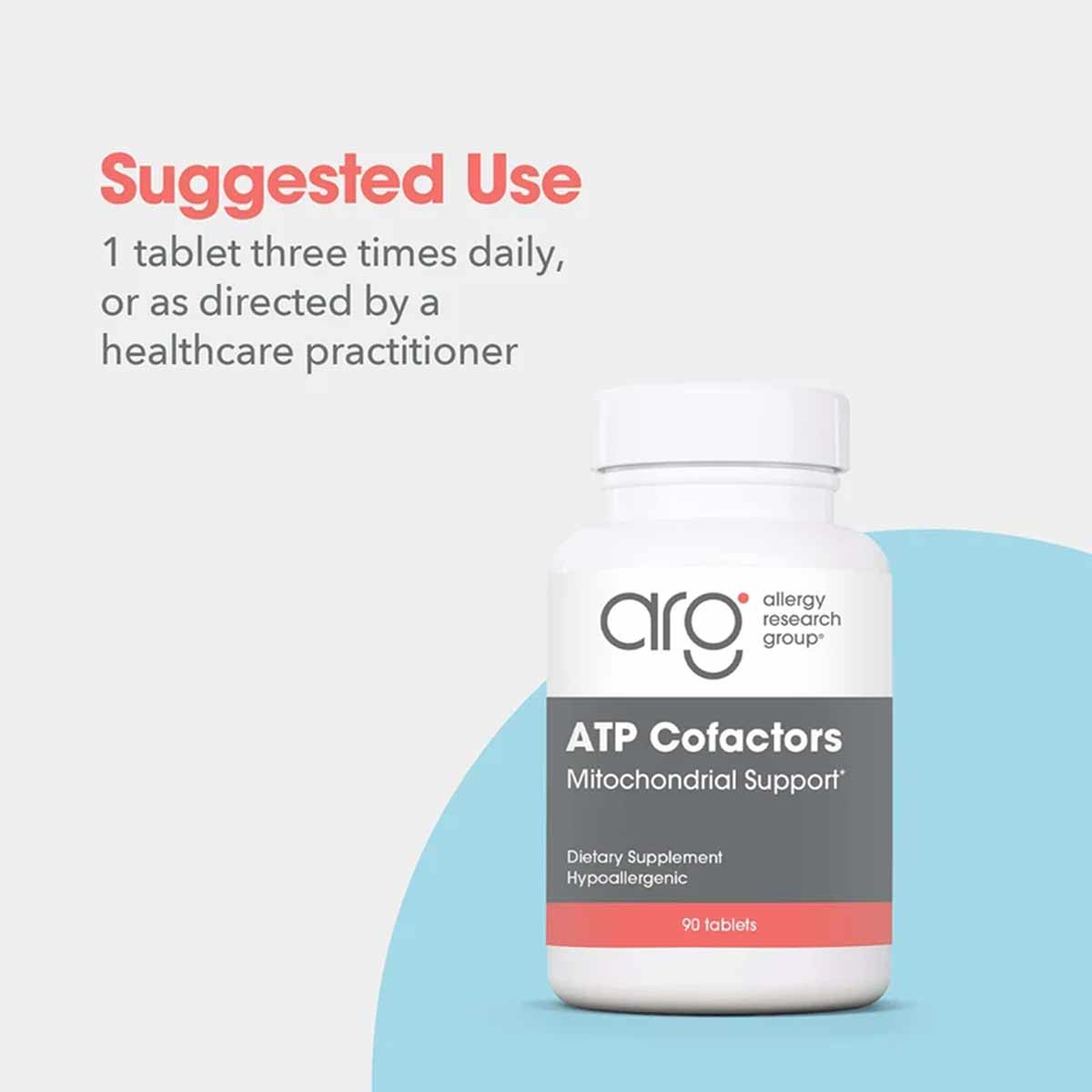 White bottle of ATP Cofactors dietary supplement by Allergy Research Group containing 90 tablets.
