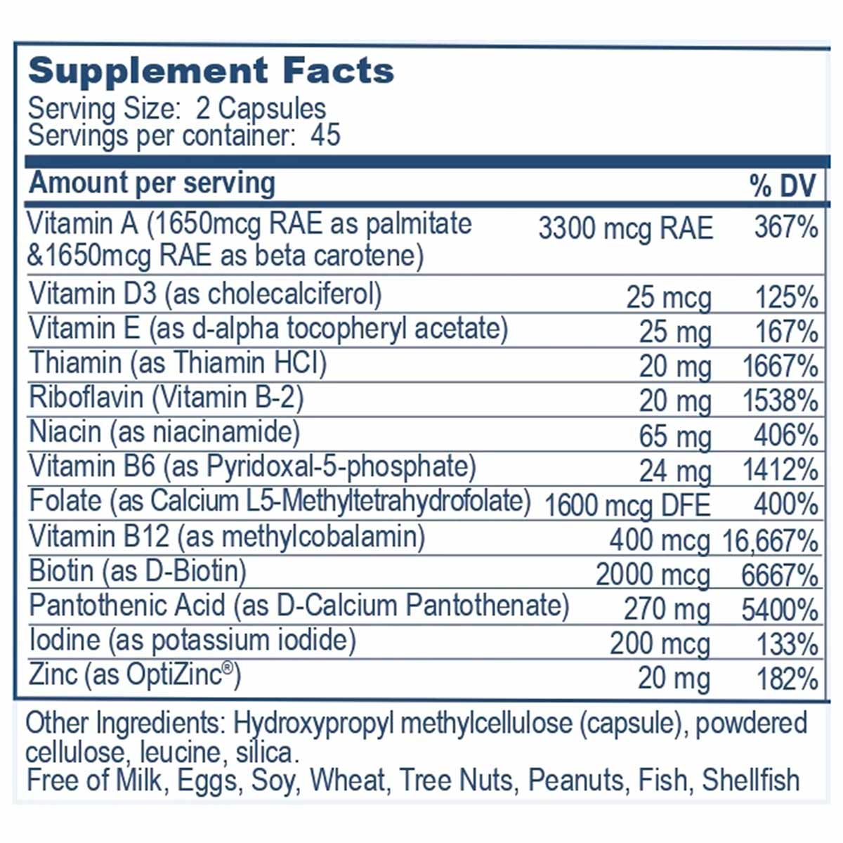 Supplement Facts label for AyushMulti Multivitamin showing serving size, nutrient amounts, daily values, and ingredient infor