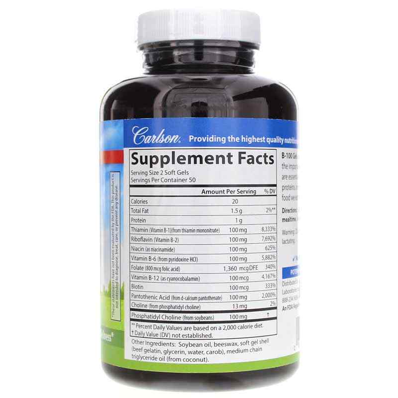 B-100 Gels Vitamin B Complex, 100 Softgels, by Carlson Labs, image #2