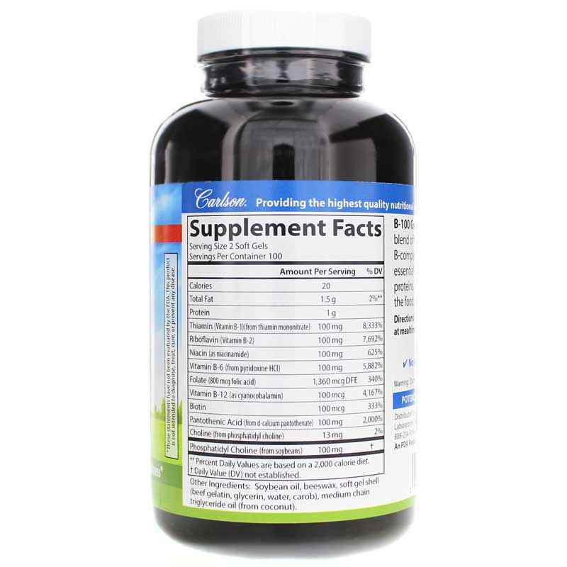 B-100 Gels Vitamin B Complex, 200 Softgels, by Carlson Labs, image #2
