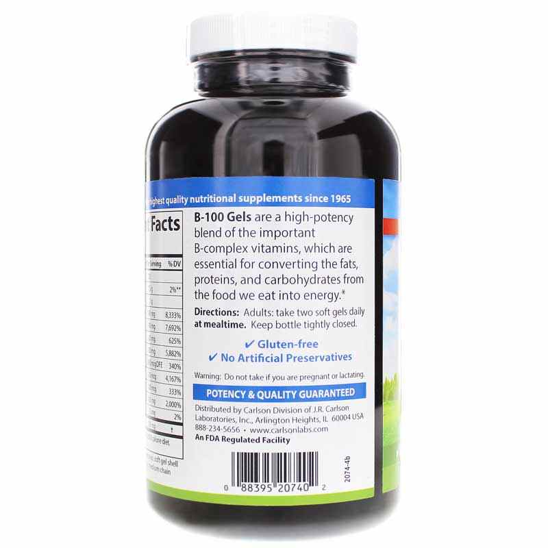 B-100 Gels Vitamin B Complex, 200 Softgels, by Carlson Labs, image #3