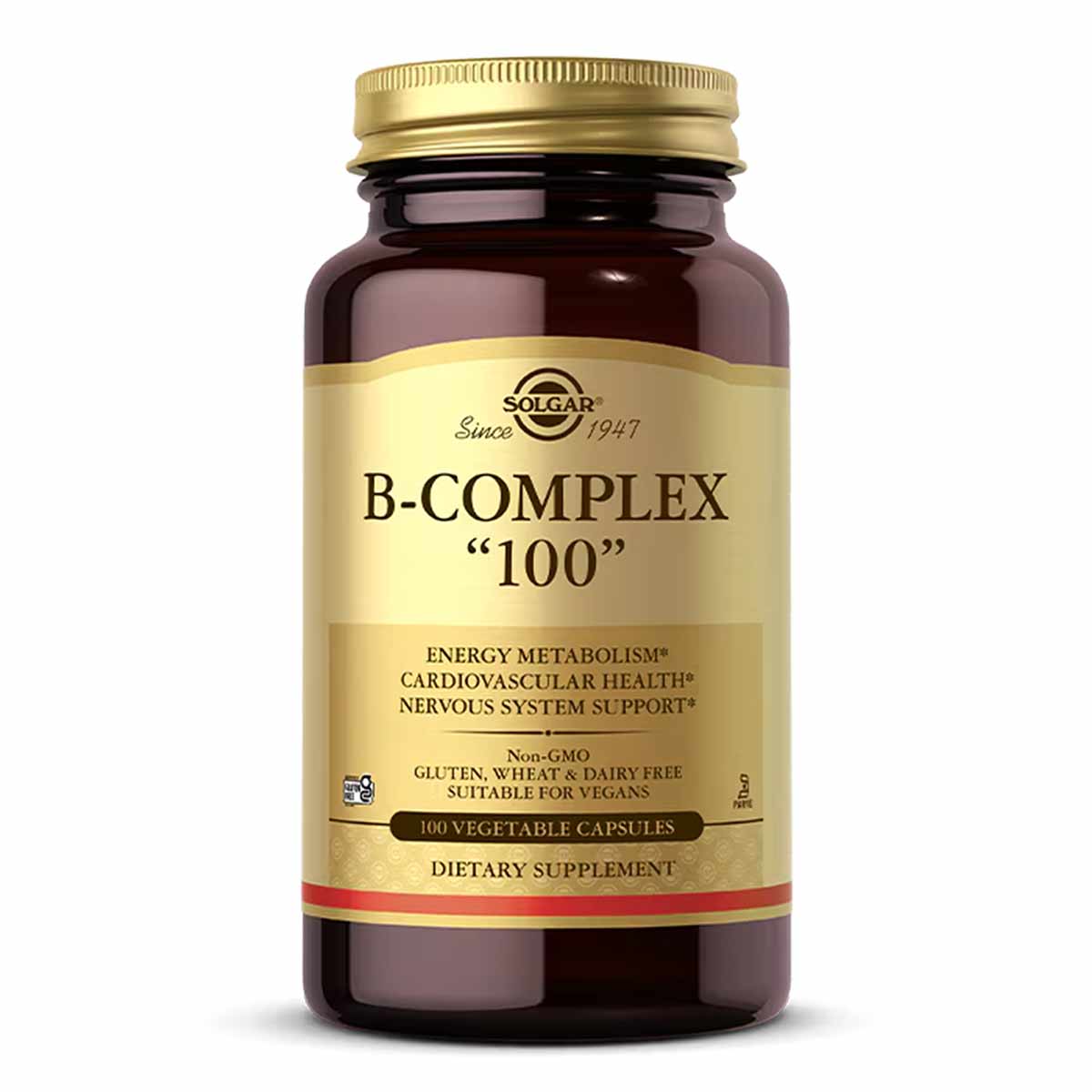 Dark amber glass bottle with gold cap containing 100 vegetable capsules of B-Complex 100 by Solgar.