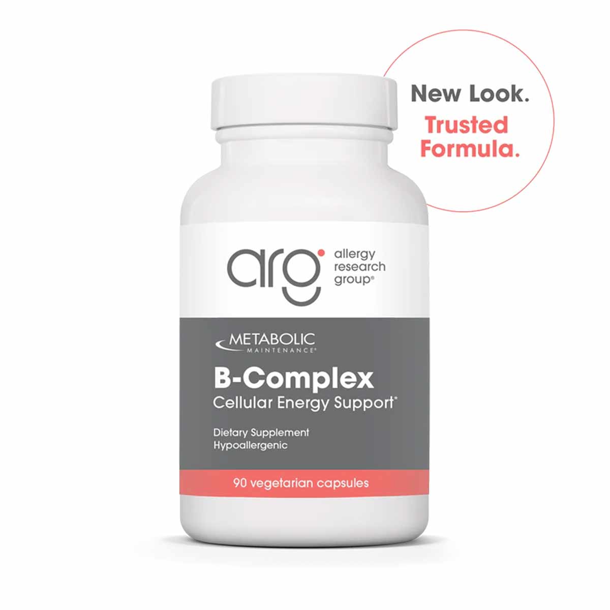 White bottle of Allergy Research Group B-Complex dietary supplement with gray and coral label, containing 90 vegetarian capsu
