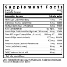 Supplement Facts label for B-Complex capsules listing vitamin and nutrient amounts per serving and daily values.