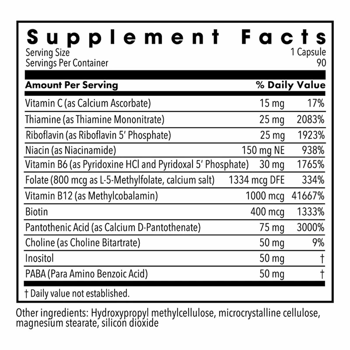 Supplement Facts label for B-Complex capsules listing vitamin and nutrient amounts per serving and daily values.