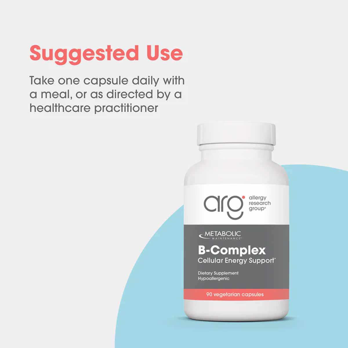 White bottle of Allergy Research Group B-Complex with gray and coral label containing 90 vegetarian capsules.