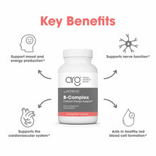 White bottle of Allergy Research Group B-Complex supplement with 90 vegetarian capsules and gray label.
