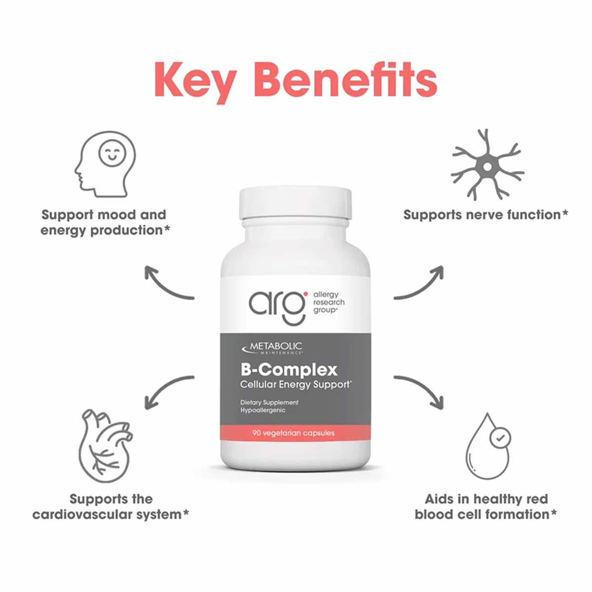 White bottle of Allergy Research Group B-Complex supplement with 90 vegetarian capsules and gray label.
