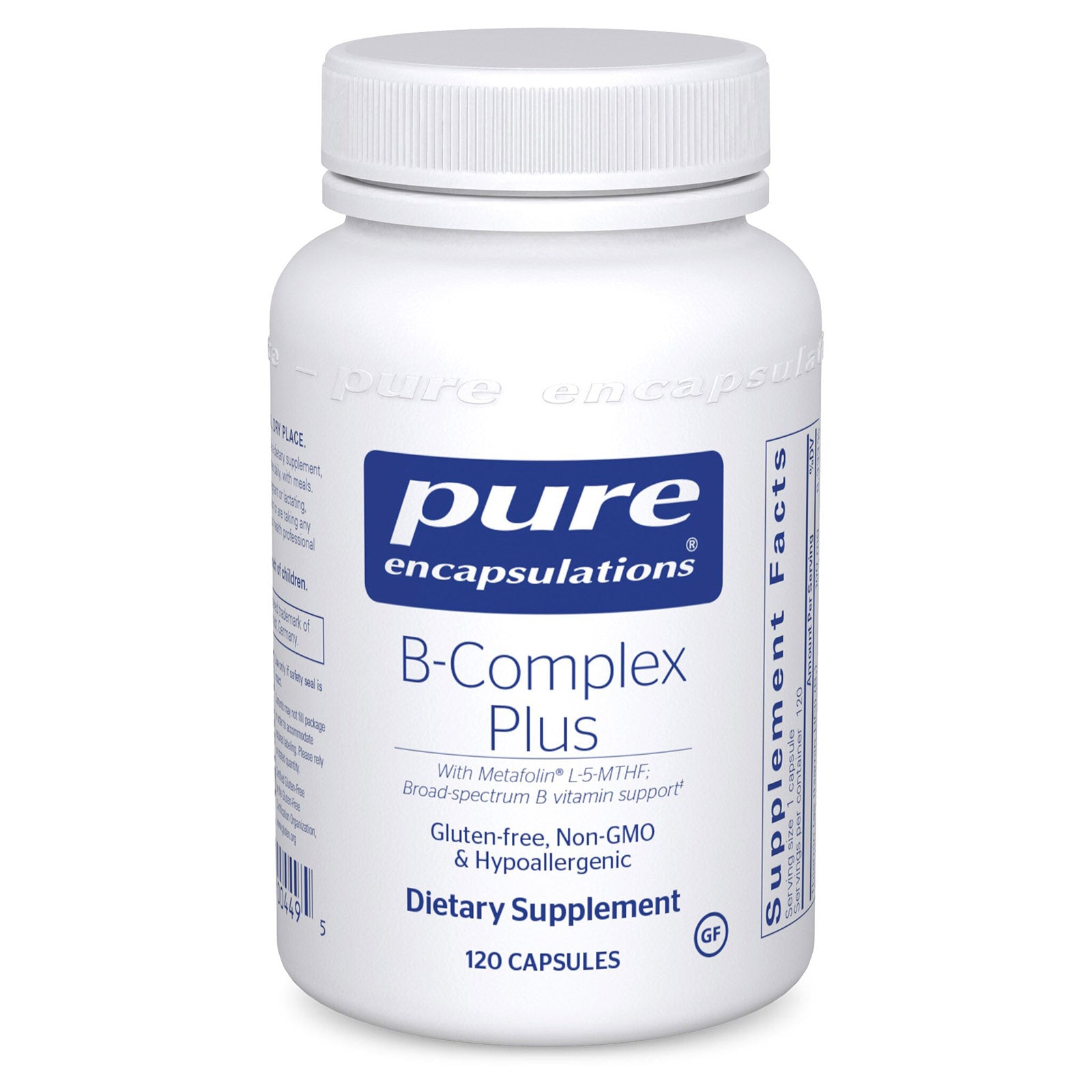 White plastic bottle with white screw-on cap labeled "Pure Encapsulations B-Complex Plus" dietary supplement containing 120 c