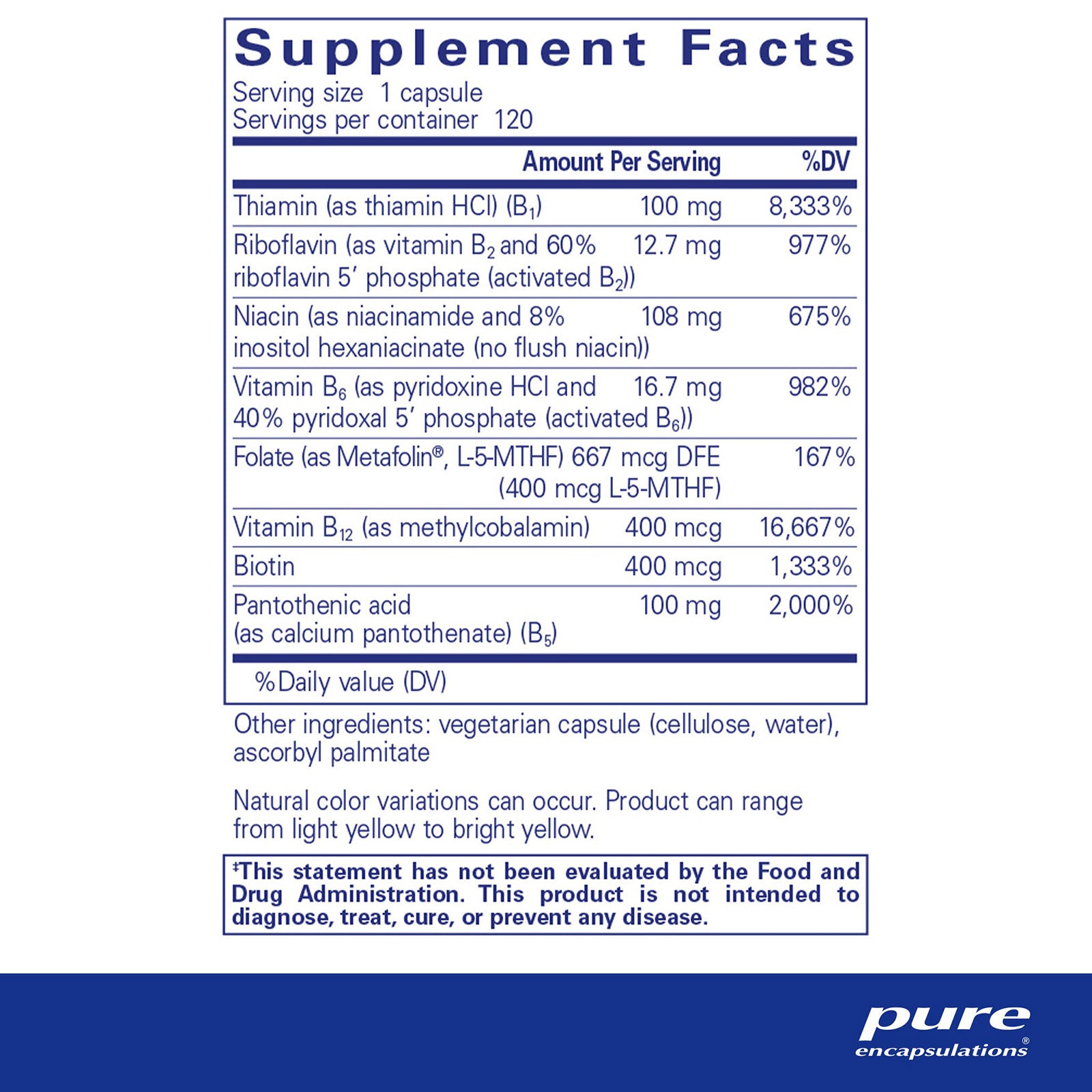 Supplement Facts label for B-Complex Plus by Pure Encapsulations showing ingredient amounts per capsule serving.