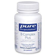 White bottle of Pure Encapsulations B-Complex Plus dietary supplement with white screw cap, containing 60 capsules.
