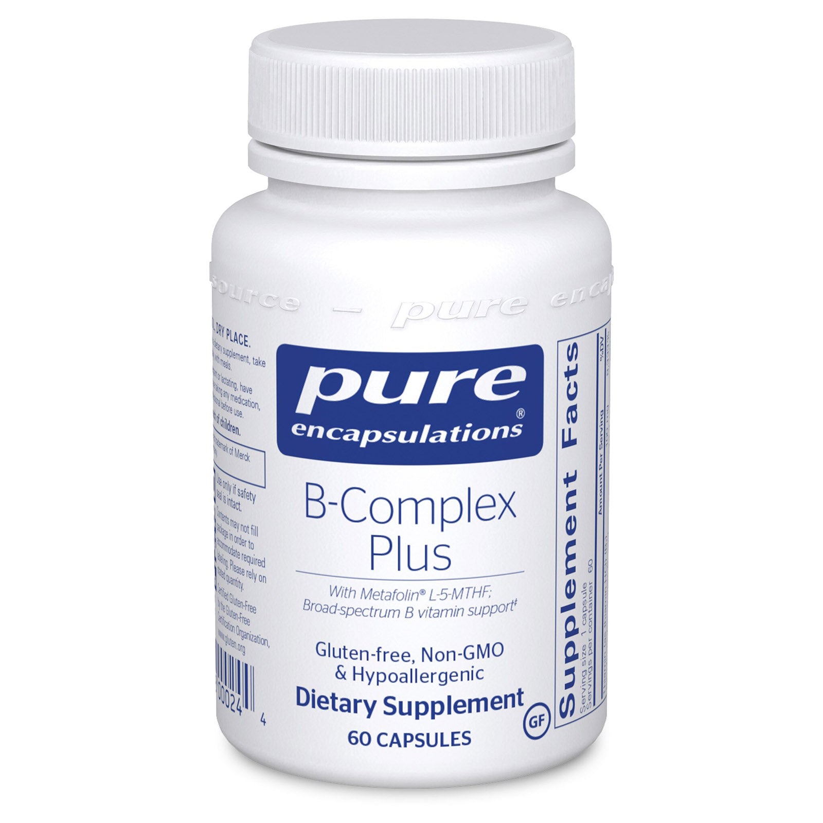 White bottle of Pure Encapsulations B-Complex Plus dietary supplement with white screw cap, containing 60 capsules.