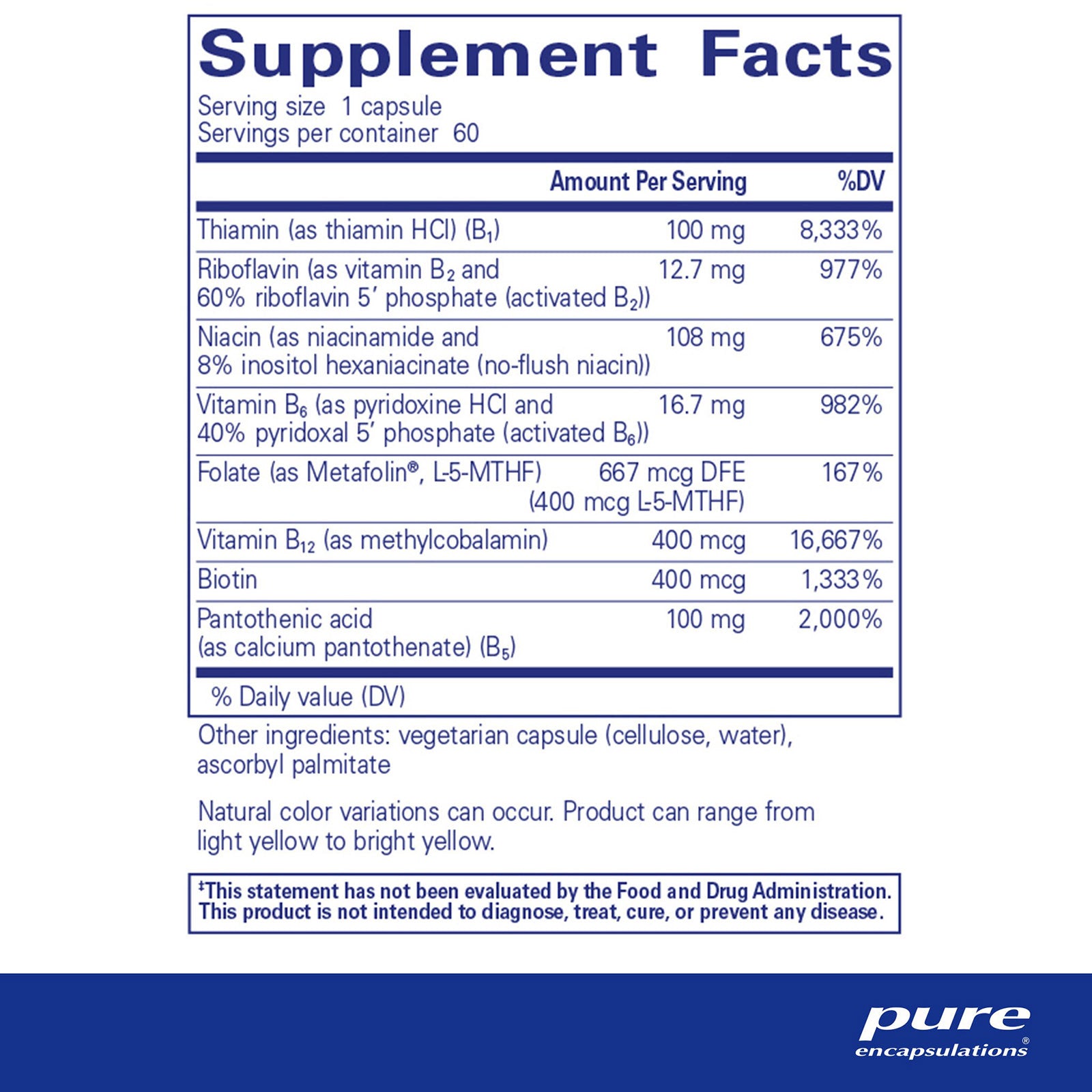 Supplement Facts label for B-Complex Plus showing serving size, ingredient amounts, and daily value percentages.