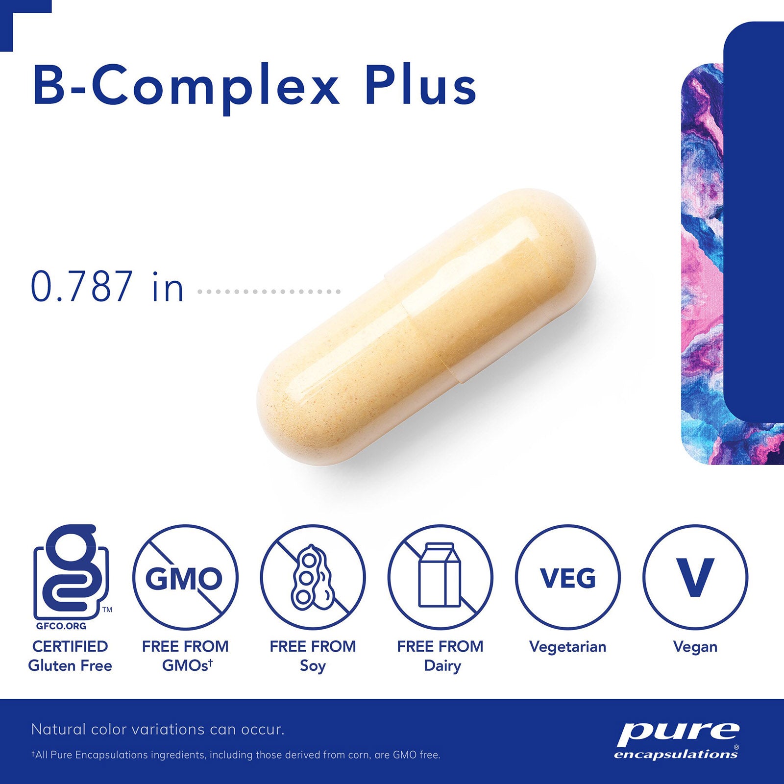 B-Complex Plus capsule, 0.787 inches long, cream-colored with certification badges for gluten-free, GMO-free, soy-free, dairy