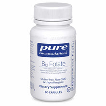 White bottle with white cap labeled "pure encapsulations B12 Folate, 60 capsules" dietary supplement.