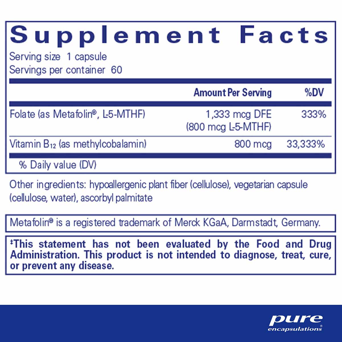 Supplement Facts label showing B12 Folate capsule nutrition information with 60 servings per container and Pure Encapsulation