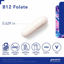 Single off-white capsule labeled B12 Folate with product certification badges below, including gluten-free, GMO-free, soy-fre