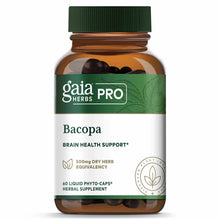Amber glass bottle with green cap containing dark liquid phyto-caps labeled Gaia Herbs Pro Bacopa supplement.
