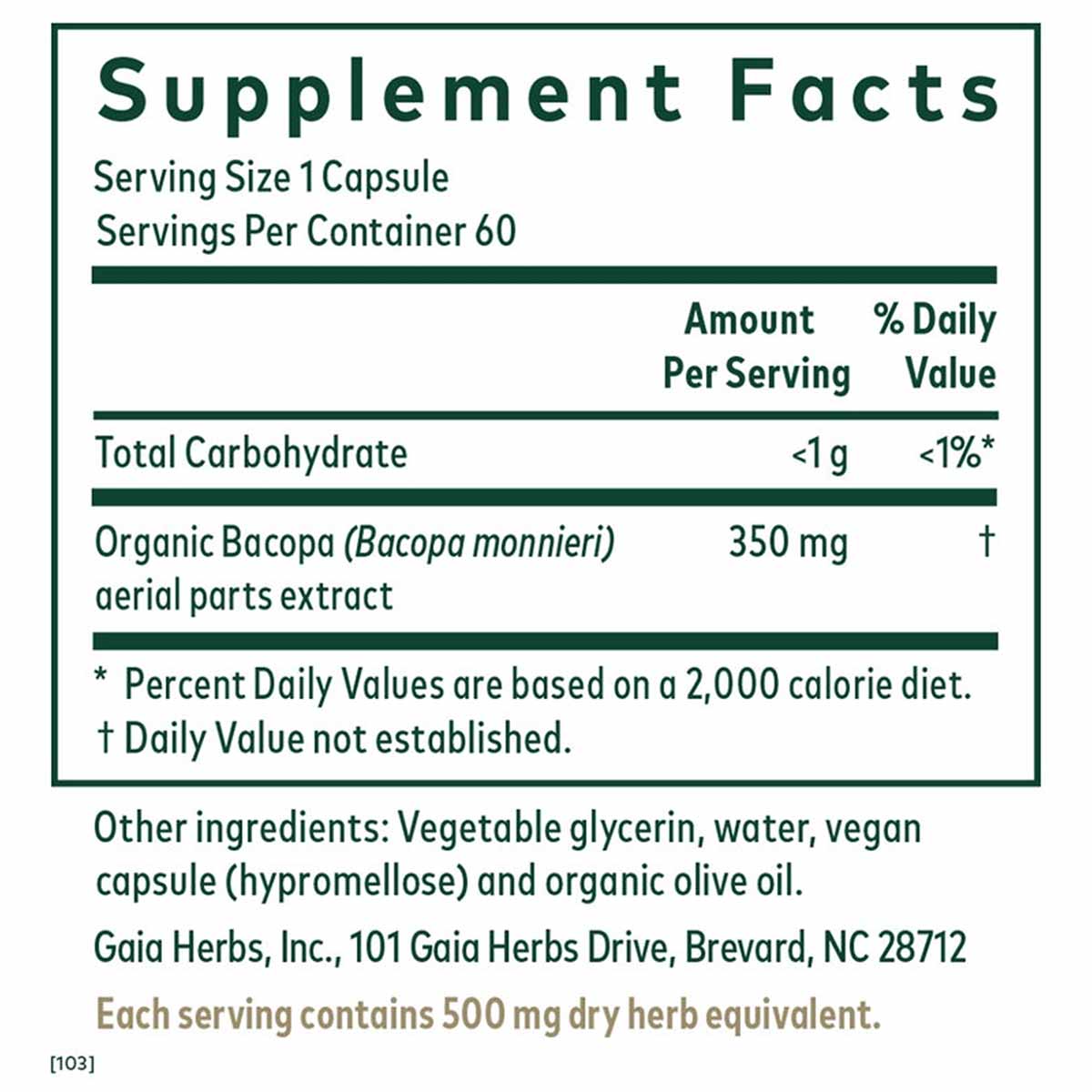 Supplement Facts label for Gaia Herbs Bacopa showing 60 servings per container with 350 mg organic bacopa extract per capsule