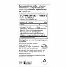 Supplement Facts label for Bacteril Immune System Support softgels showing dosage recommendations, ingredients including cinn